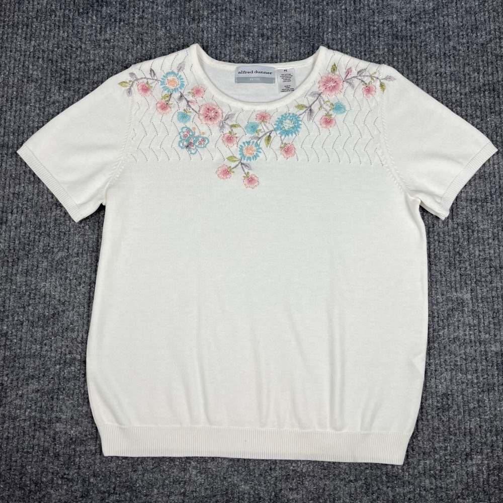 Alfred Dunner Knit Top Womens SP Floral Embroidered Short Sleeve Cottagecore